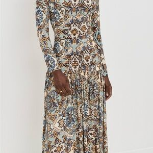 FARM Rio Blue and Brown Patterned Long Sleeve Maxi Dress